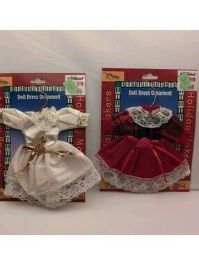 Vintage 1980s Ballroom Ornament Gowns, Cream & Red Dresses In Orig Pkg Set of 2